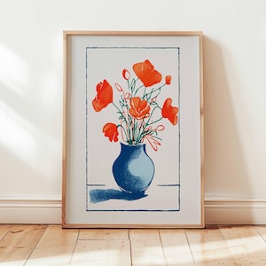Red Poppy Wall Art Print, Modern Flower Poster, Minimalist Botanical Vase Artwork, Colorful Vintage Style Floral Home Wall Decor