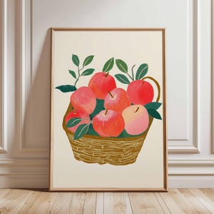 Apple Basket Wall Art Print, Rustic Fruit Kitchen Poster, Farmhouse Orchard Decor, Vintage Style Food Illustration, Country Home Art