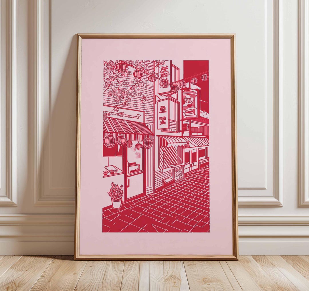 Red Japanese Street Art Print, Tokyo Alley Line Art Poster