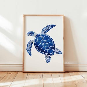 Blue Sea Turtle Wall Art Coastal Ocean Animal Print Nautical Beach House Decor Marine Life Poster Unframed Watercolor Style