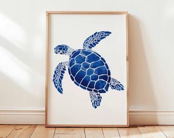 Arte de pared de tortuga marina azul, impresión de animales costeros del océano, decoración náutica para casa de playa, póster de vida marina sin marco, estilo acuarela