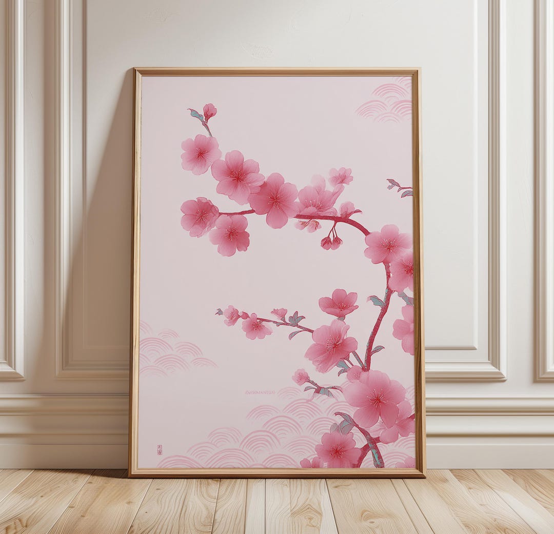 Pink Cherry Blossom Wall Art Poster Japanese Floral Illustration Sakura ...