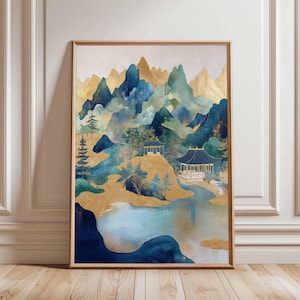 Goldene und blaue Berglandschaft Kunstdruck, ruhige chinesische Pagoden-Szene, östlich inspirierte Wandkunst, ruhige Flussreflexion Plakat
