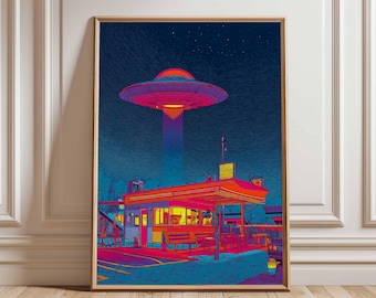 Retro UFO Diner Poster – Vibrant Neon Alien Abduction Art Print