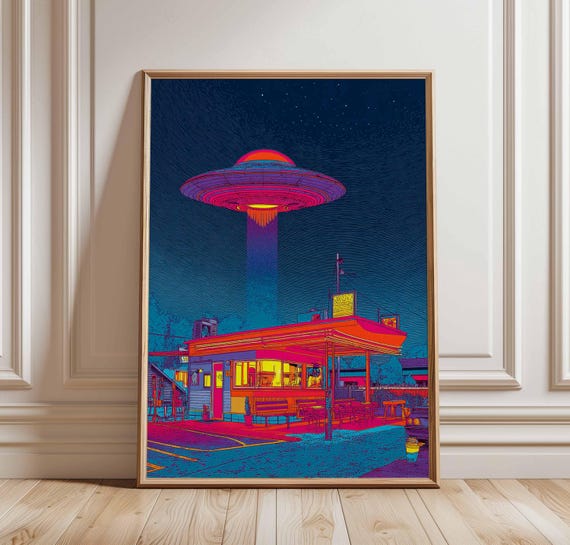 Retro UFO Diner Poster – Vibrant Neon Alien Abduction Art Print