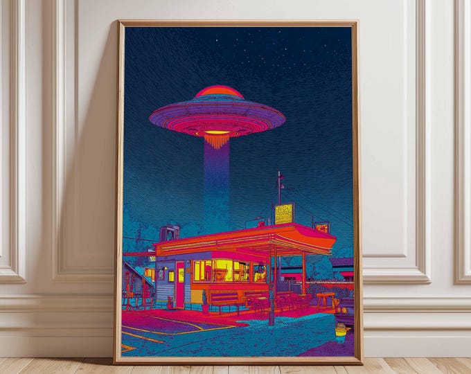 Retro UFO Diner Poster – Vibrant Neon Alien Abduction Art Print, 80s Sci-Fi Aesthetic Wall Art, Vaporwave Space Illustration