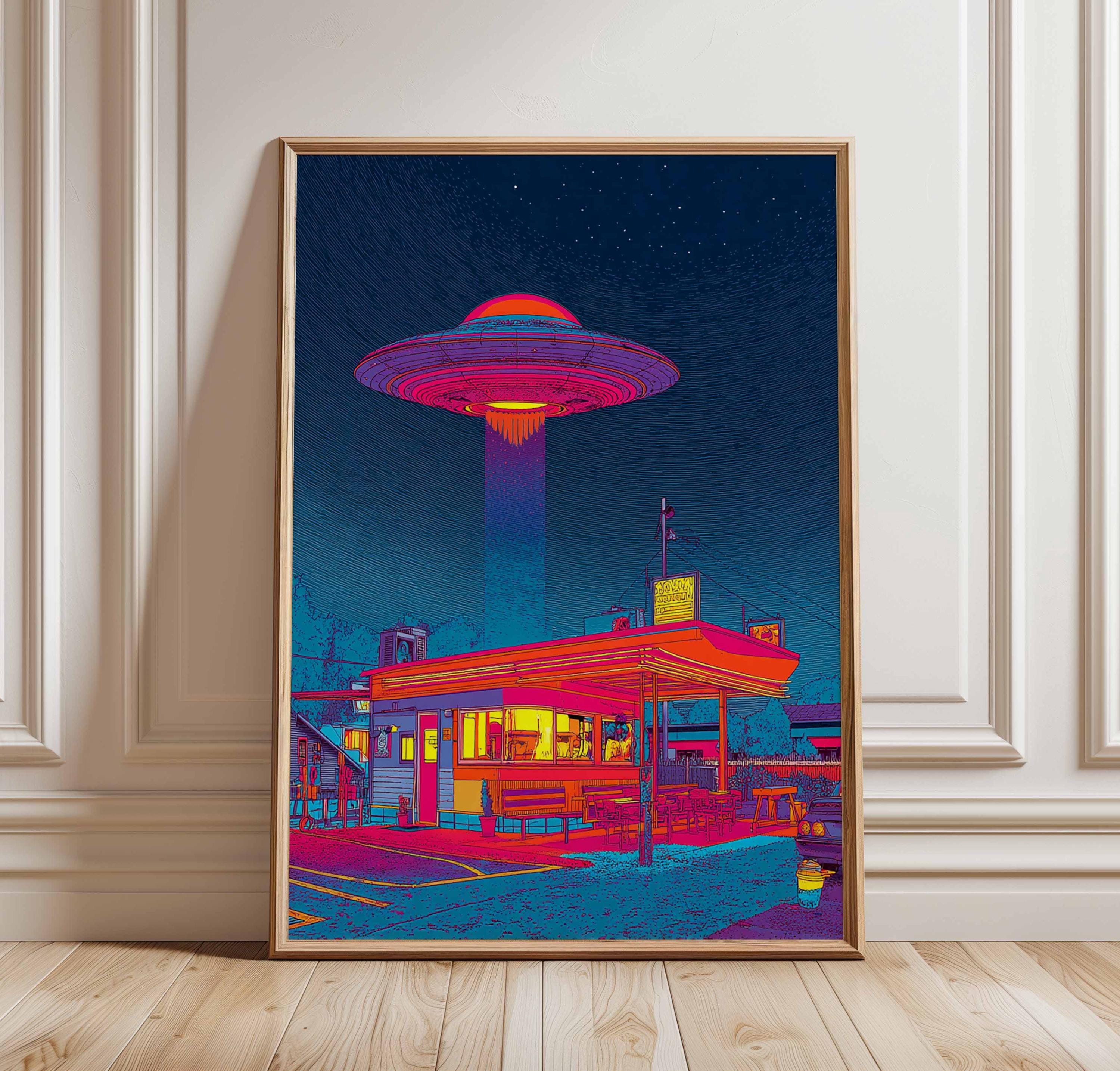 Retro UFO Diner Poster – Vibrant Neon Alien Abduction Art Print