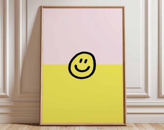 Smiley Face Poster, Minimalist Pop Art Wall Decor, Modern Happy Print, Bright Yellow and Pink Abstract Artwork