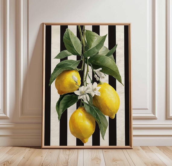Lemon Kitchen Poster, Botanical Fruit Wall Art, Bold Lemon Print with Black Stripes, Mediterranean Kitchen Decor, Citrus Wall Print