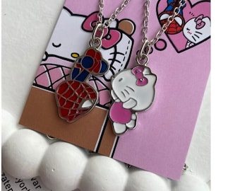 Collier Spider-Hello Kitty, Collier de couple, Collier brodé Spider Kissing Kitty, Collier d’amant, Collier d’amitié, Cadeau de Saint-Valentin