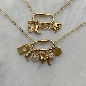 Build Your Own Custom Charm Carabiner Necklace,Pick Your Charms,Gold Vintage Chunky Charm, Multi Charm Necklace for Women, Personalized Gift