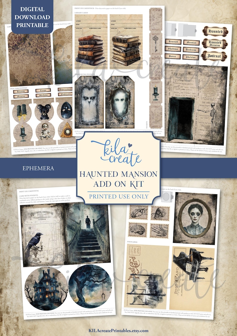 May include: A digital download printable ephemera kit with a haunted mansion theme. The kit includes various elements such as tags, journal cards, and illustrations of a haunted house, a staircase, and portraits. The kit is labeled "Haunted Mansion Add On Kit".