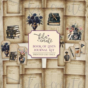 Puede incluir: Kit de diario imprimible digital con páginas de estilo vintage. Incluye páginas para listas como cumpleaños, compras, películas y comidas favoritas. Presenta ilustraciones florales y de libros, con el texto "Book of Lists Journal Kit".