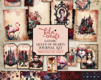 Gothic Queen of Hearts Journal Kit, Wonderland Gothic Journal, Gothic Junk Journal Kit, Digital Download, Printable Journal Kit, KILA Create
