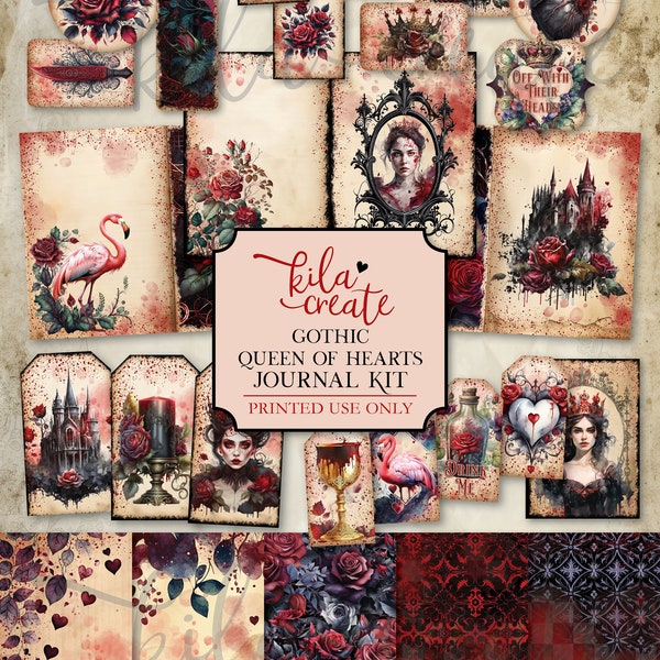 Gothic Queen of Hearts Journal Kit, Wonderland Gothic Journal, Gothic Junk Journal Kit, Digital Download, Printable Journal Kit, KILA Create