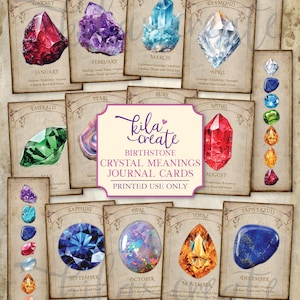 May include: A collection of printable birthstone crystal meanings journal cards. Each card features a gemstone illustration, its name, and associated qualities. The cards are arranged on a vintage-style background, with text that reads "DIGITAL DOWNLOAD PRINTABLE".