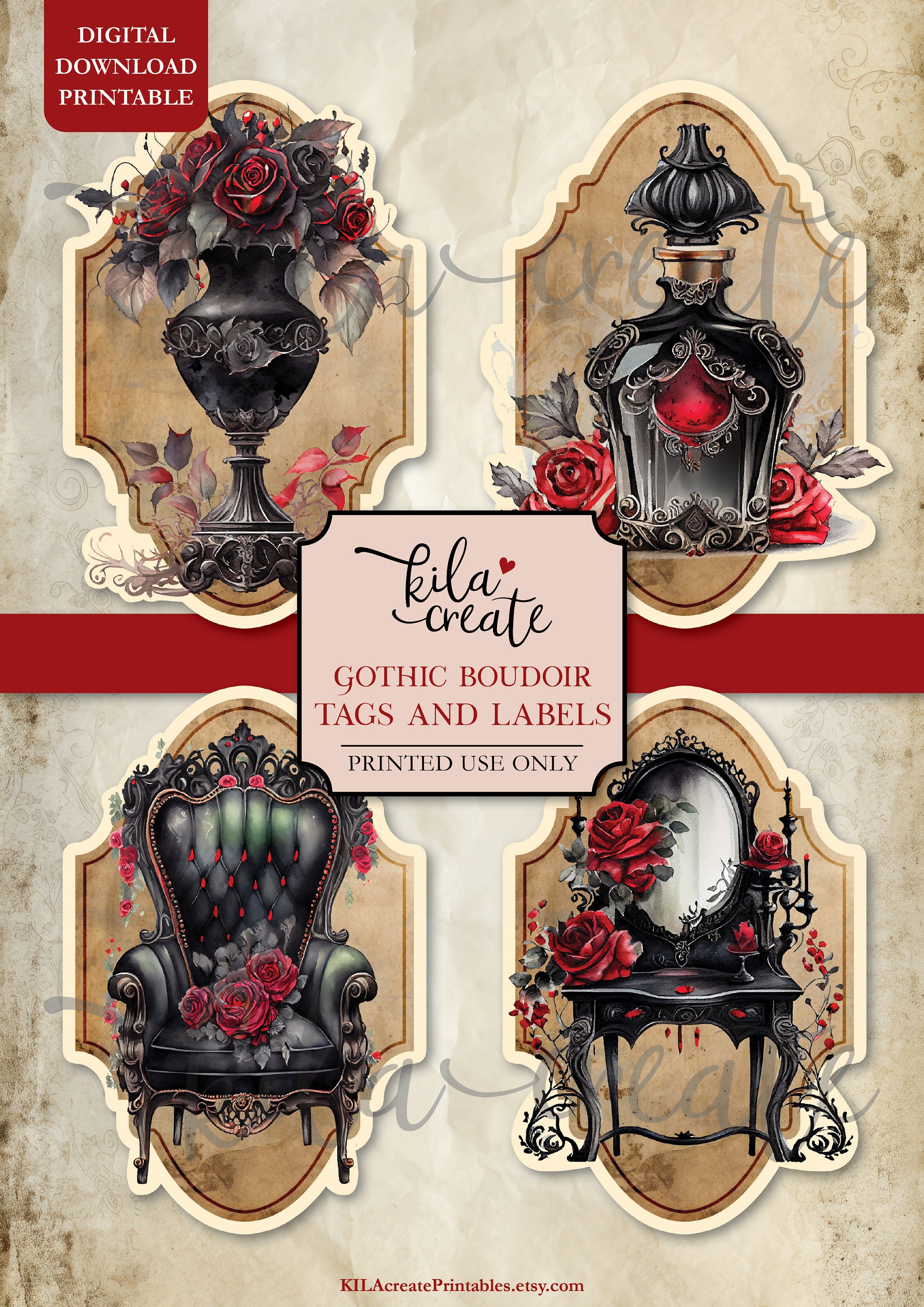 Goth Labels Gothic Boudoir Fussy Cut Tags and Labels, Gothic Junk Journal, Digital ...
