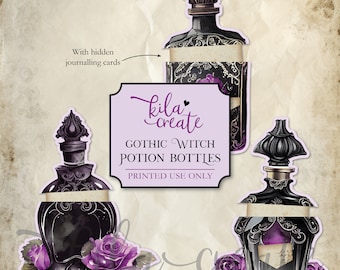 Gothic Witch Potion Bottles with Hidden Journal Cards, Junk Journal Kit, Witch Journal, Digital Download, Printable Journal Kit, KILA Create