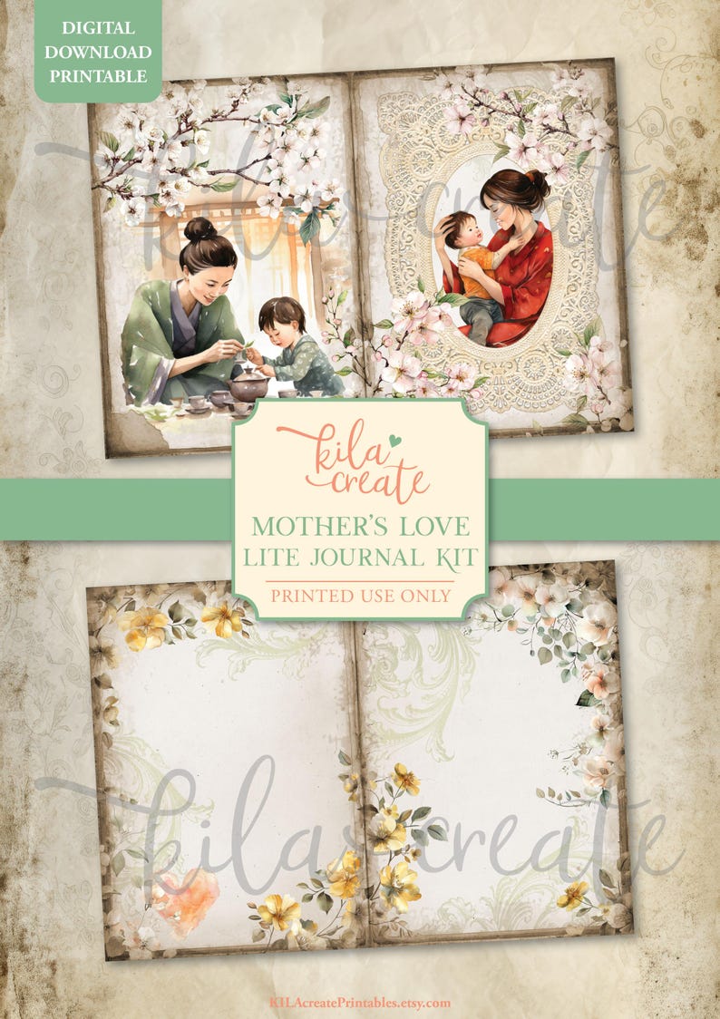 Peut inclure: Kit de journal num&eacute;rique imprimable avec des illustrations &agrave; l'aquarelle d'une m&egrave;re et d'un enfant. Le kit comprend des images d'une m&egrave;re et d'un enfant, des motifs floraux et le texte "Mother's Love Lite Journal Kit."