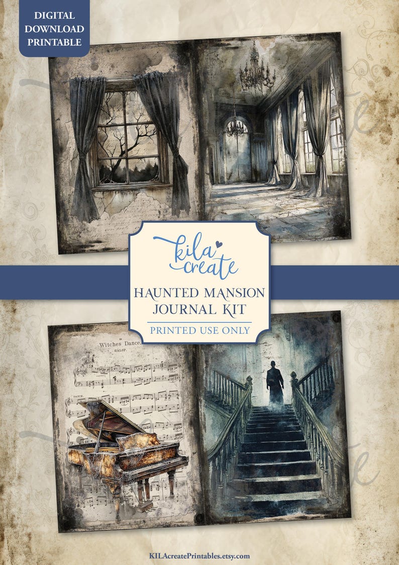 May include: Digital printable journal kit featuring watercolor illustrations of a haunted mansion. Includes images of a grand piano, a staircase, and rooms with draped windows. The kit is labeled "Haunted Mansion Journal Kit" and "Printed Use Only."