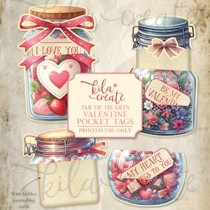 Jar of Hearts Valentine Pocket Tags with Hidden Journal Cards, Valentine's Day Card, Digital Download, Printable Journal Kit, KILA Create