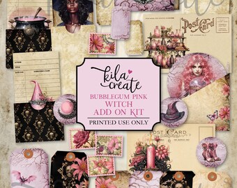 May include: A digital printable kit for crafting with a pink and black witch theme. The kit includes images of a witch, a cauldron, potion bottles, a star, a bat, a skull, flowers, and a postcard. The text "kila create BUBBLEGUM PINK WITCH ADD ON KIT PRINTED USE ONLY" is included in the image.