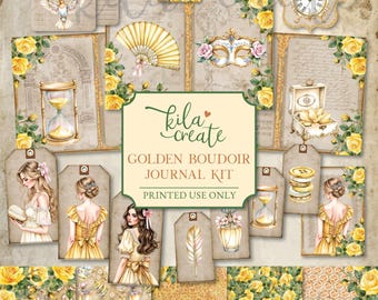 Golden Boudoir Journal Kit, Romance, Victorian, Regency, Flowers, Roses, Yellow, Gold, Digital Download, Printable Journal Kit, KILA Create