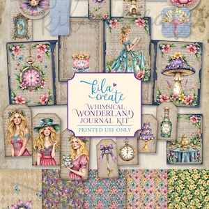 May include: A digital printable journal kit with a whimsical Wonderland theme. The kit includes tags, cards, and patterned papers featuring illustrations of flowers, clocks, and characters. The colour palette includes pink, blue, and purple.