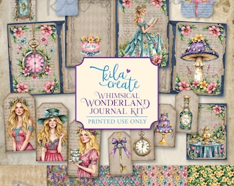 Whimsical Wonderland Journal Kit, Alice in Wonderland Journal, Alice, Hatter, Rabbit, Digital Download, Printable Journal Kit, KILA Create