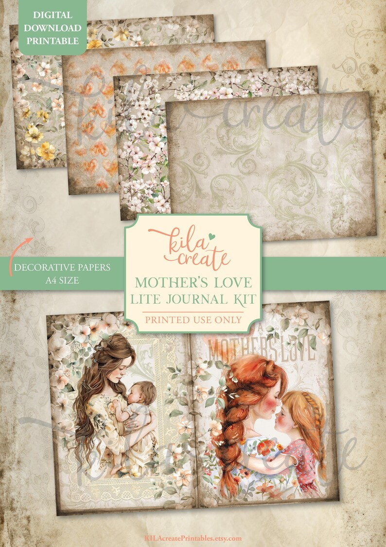 Peut inclure: Kit de journal num&eacute;rique imprimable Mother's Love Lite avec papiers d&eacute;coratifs. Le kit comprend des motifs floraux et vintage, avec des illustrations d'une m&egrave;re et d'un enfant. Les papiers de format A4 sont r&eacute;serv&eacute;s &agrave; l'impression.