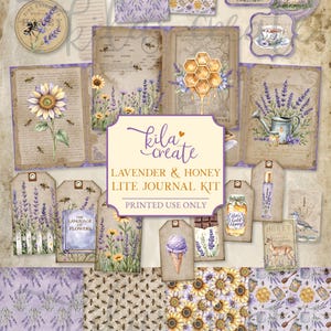 Op de afbeelding: Een digitale downloadbare journal kit met lavendel- en honingthema's. De collectie bevat labels, patronenpapier en illustraties van zonnebloemen, bijen, honingraten en bloemstukken met de tekst Kila Create.