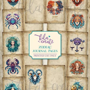 Zodiac Journal Pages, Star Sign Printable Journal Pages, Celestial, Constellations, Digital Download, Printable Journal Kit, KILA Create