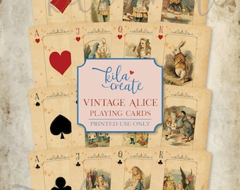 May include: Vintage Alice in Wonderland playing cards featuring illustrations of Alice, the Mad Hatter, the White Rabbit, and other characters from the book. The cards are printed on a cream-colored background with a vintage aesthetic.