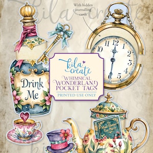 Whimsical Wonderland Pocket Tags, Alice in Wonderland Journal, Alice, Hatter, Rabbit, Digital Download, Printable Journal Kit, KILA Create