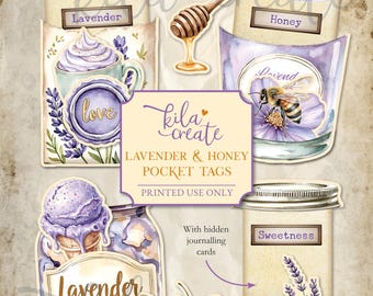 Lavender and Honey Pocket Tags, Bee Journal, Honey Ephemera, Lavender Ephemera, Purple, Digital Download, Printable Journal Kit, KILA Create