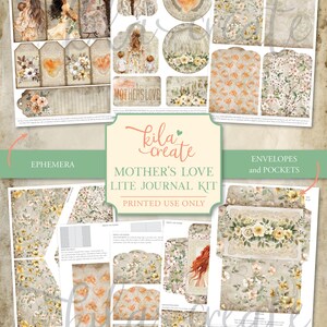 Peut inclure: Kit num&eacute;rique imprimable pour un journal Mother's Love Lite. Le kit comprend des &eacute;l&eacute;ments &eacute;ph&eacute;m&egrave;res, des enveloppes, des pochettes et des &eacute;tiquettes avec des motifs floraux et en forme de c&oelig;ur. Le texte "Mother's Love" est visible.