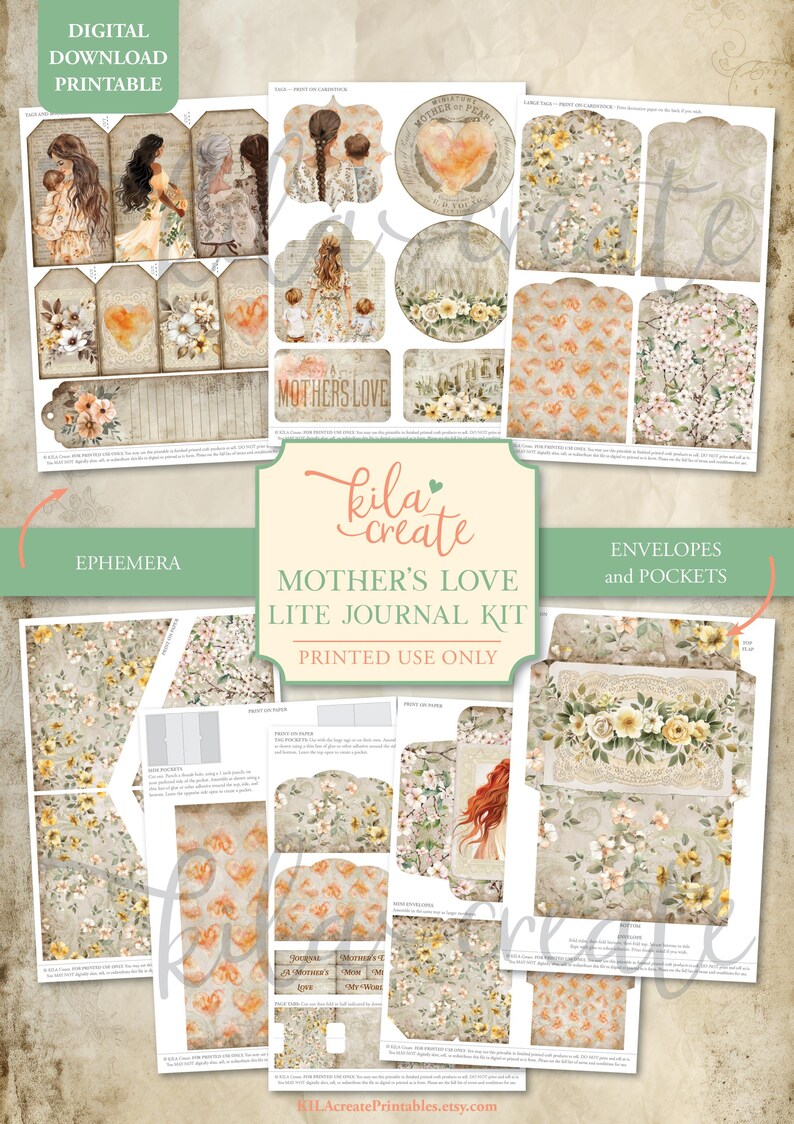 Peut inclure: Kit num&eacute;rique imprimable pour un journal Mother's Love Lite. Le kit comprend des &eacute;l&eacute;ments &eacute;ph&eacute;m&egrave;res, des enveloppes, des pochettes et des &eacute;tiquettes avec des motifs floraux et en forme de c&oelig;ur. Le texte "Mother's Love" est visible.