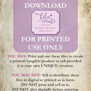 Peut inclure: Annonce de t&eacute;l&eacute;chargement num&eacute;rique avec le texte : &laquo; CETTE LISTE EST UN T&Eacute;L&Eacute;CHARGEMENT NUM&Eacute;RIQUE &raquo; et &laquo; kila create FANTASY JOURNAL & CRAFT PRINTABLES &raquo;. L'annonce est r&eacute;serv&eacute;e &agrave; l'impression uniquement. Comprend les conditions g&eacute;n&eacute;rales et une adresse de site Web.