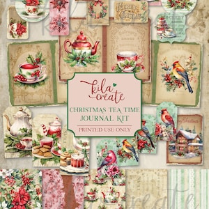 Christmas Tea Time Journal Kit, Red, Green, Christmas Ephemera, Tea, Holly, December, Digital Download, Printable Journal Kit, KILA Create