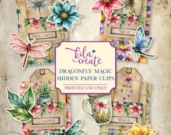 Dragonfly Magic Hidden Paper Clips, Dragonfly Ephemera, Magical Dragonfly Junk Journal, Digital Download, Printable Journal Kit, KILA Create