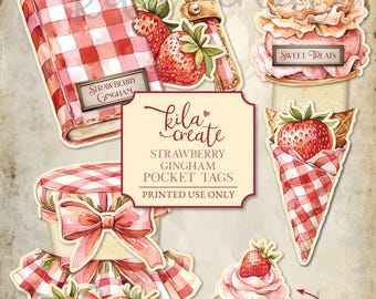 Strawberry Gingham Pocket Tags, Strawberries, Spring Ephemera, Flowers, Springtime, Digital Download, Printable Journal Kit, KILA Create