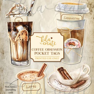 Coffee Obsession Pocket Tags with Hidden Journal Cards, Coffee Lover, Coffee Ephemera, Digital Download, Printable Journal Kit, KILA Create