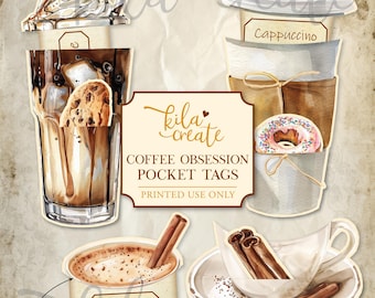 Coffee Obsession Pocket Tags with Hidden Journal Cards, Coffee Lover, Coffee Ephemera, Digital Download, Printable Journal Kit, KILA Create