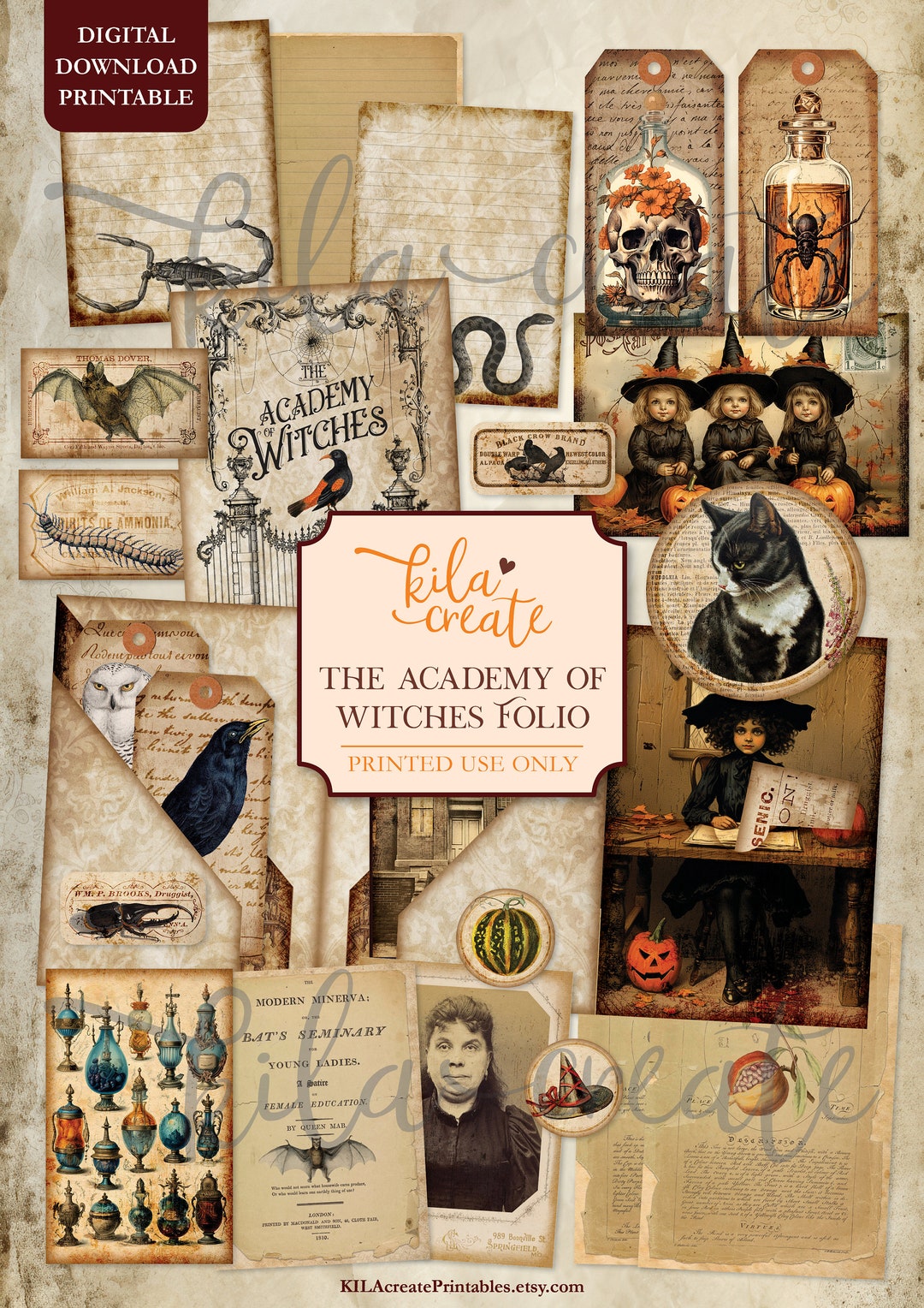 The Academy of Witches Folio, Vintage Gothic Junk Journal, Halloween ...