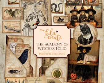 May include: A digital printable set of vintage-style Halloween images, including a black cat, a witch, a skull, a bat, and a bottle of potion. The images are perfect for scrapbooking, card making, and other crafting projects. The text on the image reads "The Academy of Witches Folio, Printed Use Only".