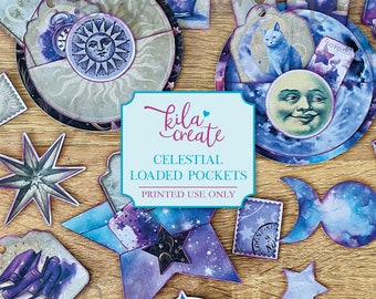 Celestial Loaded Pockets, Junk Journal Kit, Witchy Journal, Galaxy, Sun, Moon, Stars, Digital Download, Printable Journal Kit, KILA Create