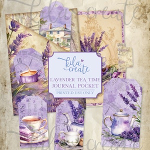 Lavender Tea Time Journal Pocket, Tea, Lavender, Purple Junk Journal, Purple Ephemera, Digital Download, Printable Journal Kit, KILA Create