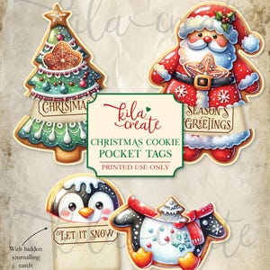 Op de afbeelding: Vier printbare kerstkoekzakjes met een gingerbreadboom, de kerstman, een pinguïn en een sneeuwpop. Elk zakje heeft een andere feestelijke boodschap: "Kerstmis", "Seizoensgroeten", "Laat het sneeuwen" en "Prettige Kerst".