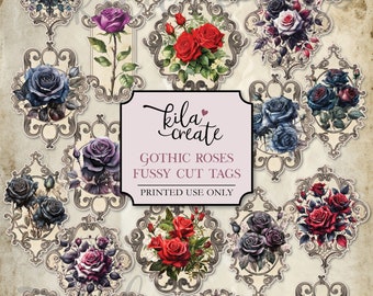 Gothic Roses Fussy Cut Tags, Rose Ephemera, Gothic Rose Journal, Junk Journal Kit, Digital Download, Printable Journal Ephemera, KILA Create