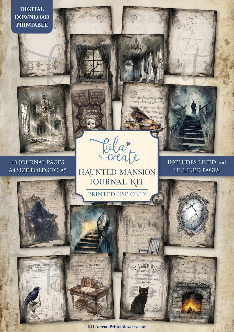 May include: Digital download printable journal kit featuring a haunted mansion theme. The kit includes 10 journal pages with illustrations of spooky scenes, such as a staircase, a black cat, and a chandelier. The pages fold to A5 size and include lined and unlined options.